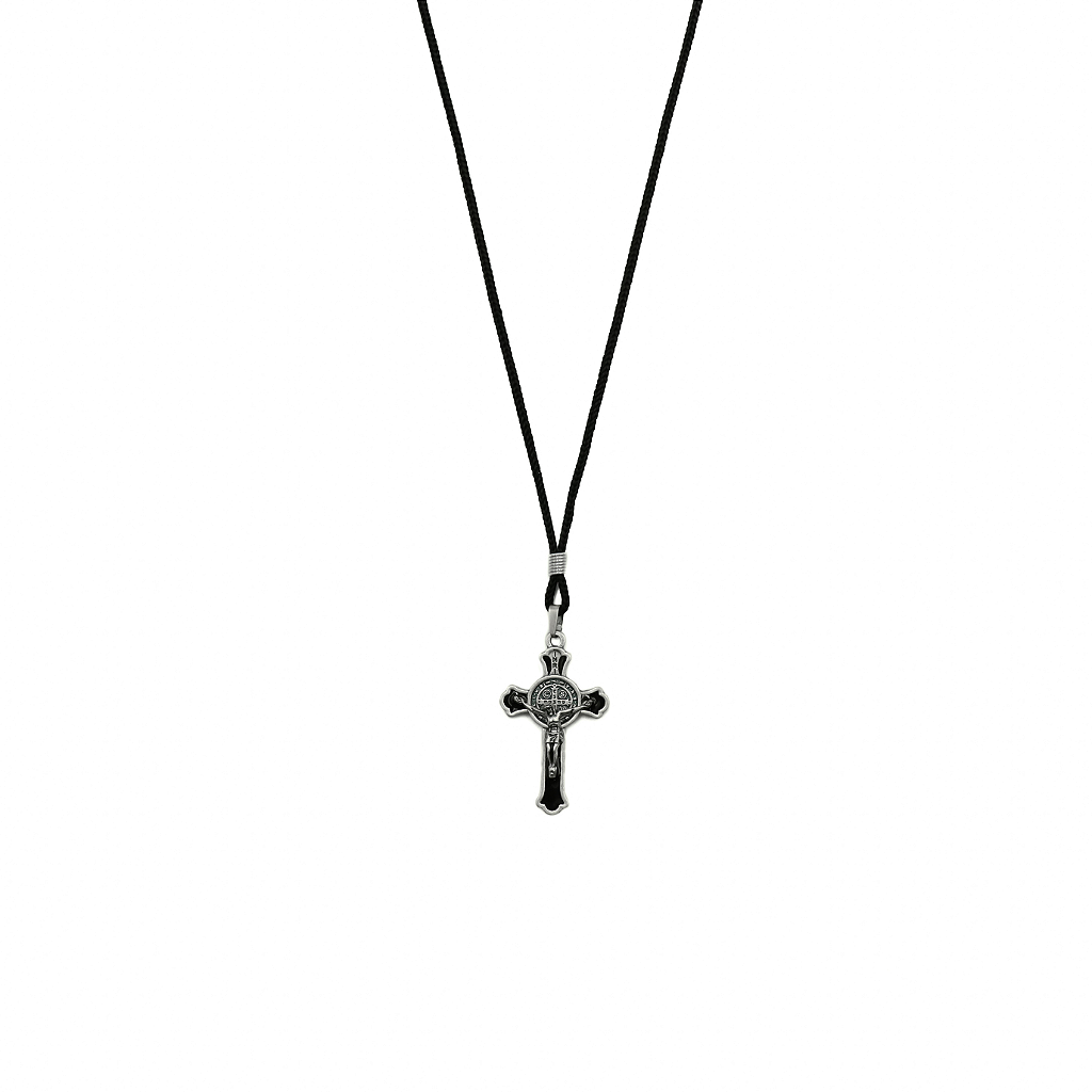 Colar Cruz Metal com Medalha São Bento Moldada Prata Velha Resinada