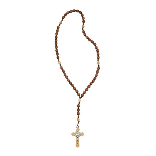 Terço madeira contas frizadas cordão marrom escuro cruz de madeira com medalha de São Bento prata - Medjugorje