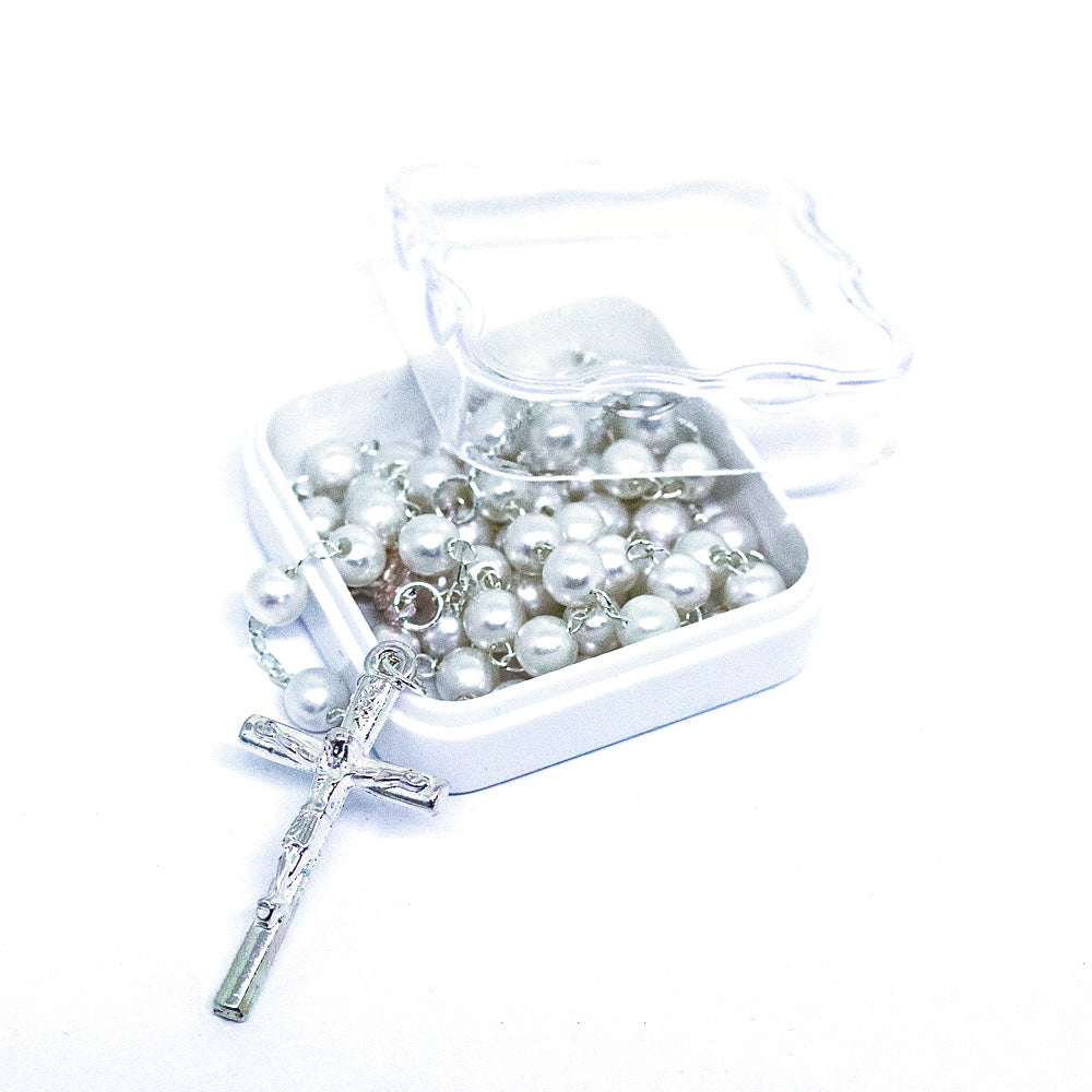 Terço Pérola 6mm na Caixinha de Acrílico - Creme