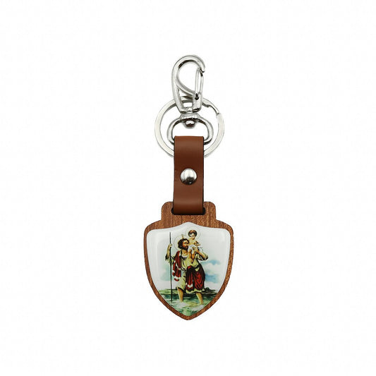 Chaveiro Escudo de Madeira São Cristóvão Prata Velho