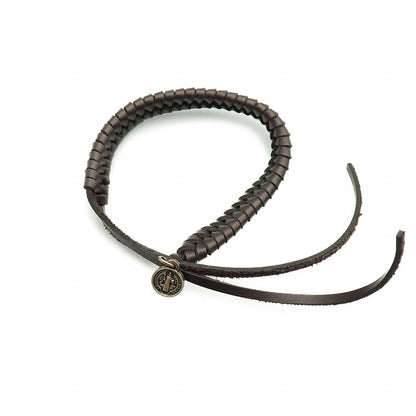 Pulseira Couro Marrom Escuro Trançado com Medalha São Bento