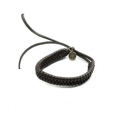 Pulseira Couro Marrom Escuro Trançado com Medalha São Bento