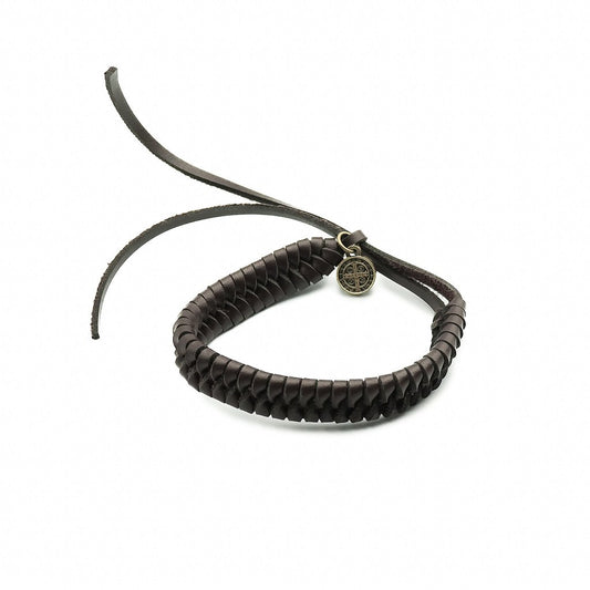 Pulseira Couro Marrom Escuro Trançado com Medalha São Bento