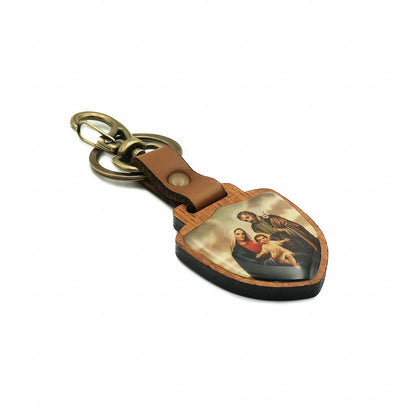 Chaveiro Escudo de Madeira Sagrada Família Ouro Velho