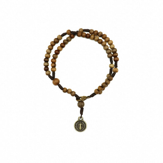 Pulseira Terço Madeira Imbuia - Medalha São Bento mini Ouro Velho