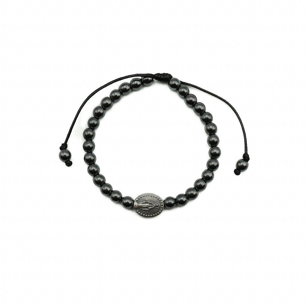 Pulseira Hematita Com Pai Nosso Resinado - Nossa Senhora das Graças