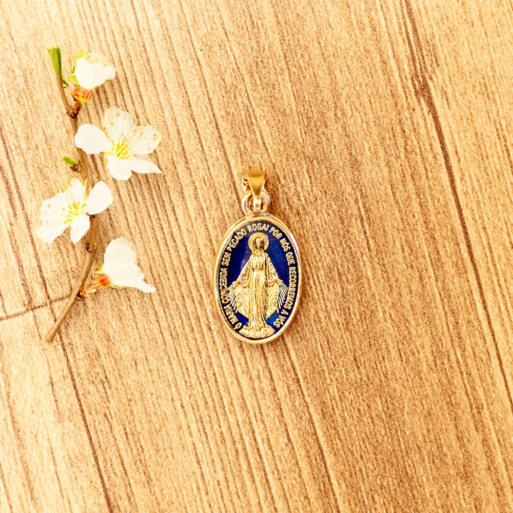 Medalha de Nossa Senhora das Graças 25 mm Resinada Azul Dourada