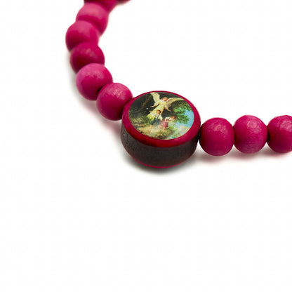 Pulseira infantil reg madeira 6mm Anjo da Guarda - Rosa