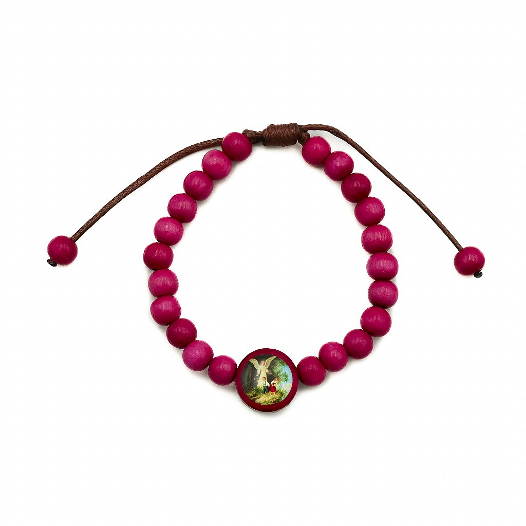 Pulseira infantil reg madeira 6mm Anjo da Guarda - Rosa