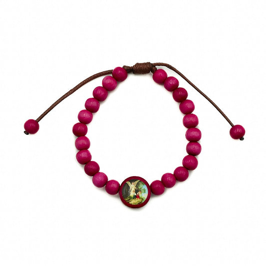 Pulseira infantil reg madeira 6mm Anjo da Guarda - Rosa