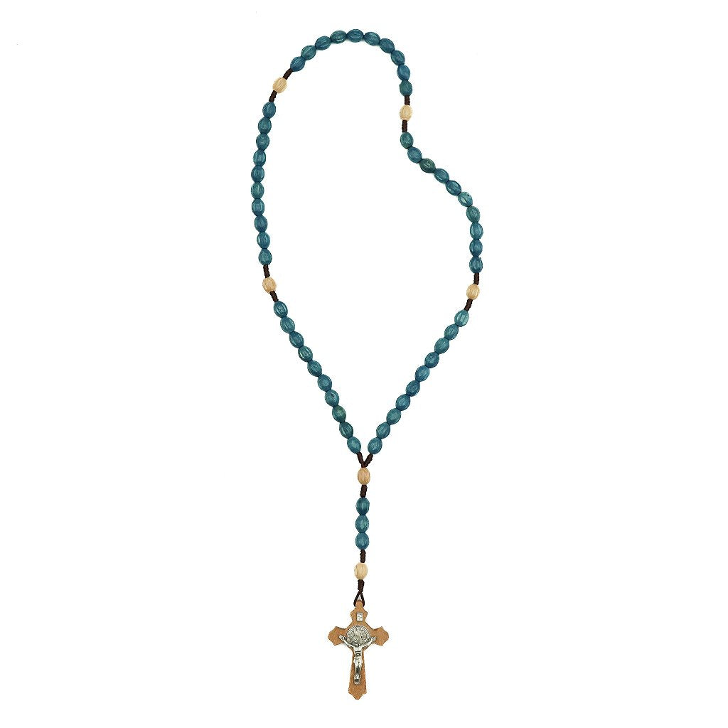 Terço madeira azul cordão marrom escuro cruz de madeira com medalha de São Bento prata - Medjogorje