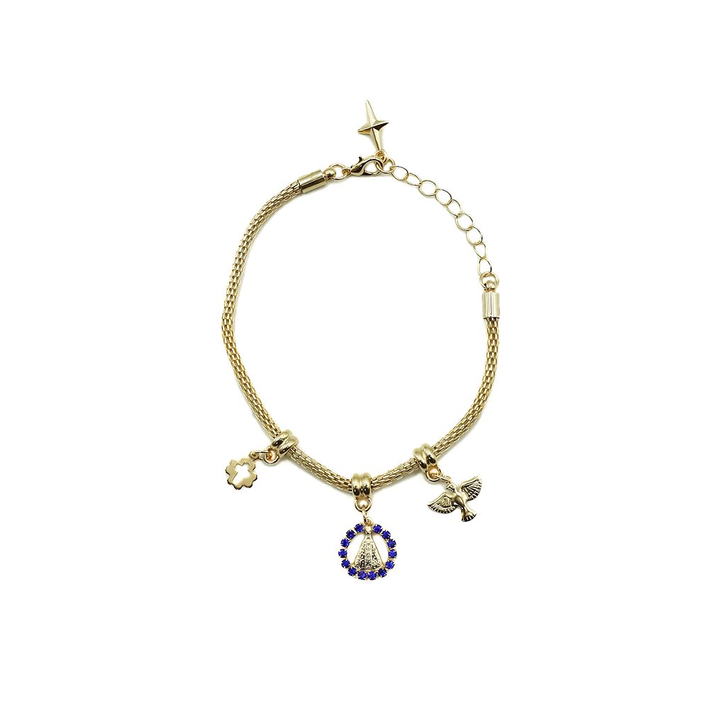 Pulseira Folheada Pedrinha Strass Azul- Nossa Senhora Aparecida