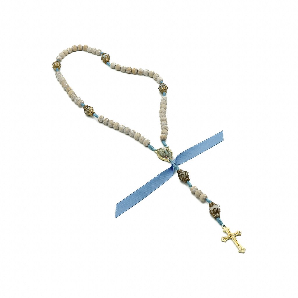 Terço Madeira Cordão 8mm Medalha Resinada Nossa Senhora de Lourdes