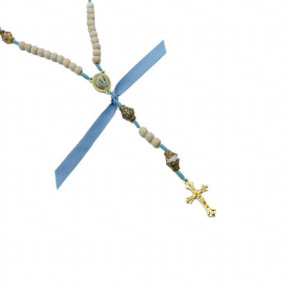 Terço Madeira Cordão 8mm Medalha Resinada Nossa Senhora de Lourdes