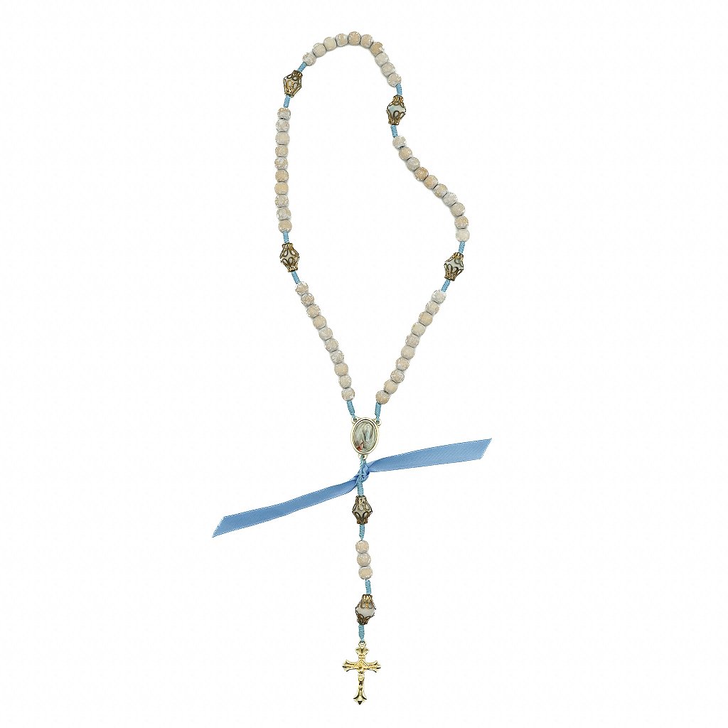 Terço Madeira Cordão 8mm Medalha Resinada Nossa Senhora de Lourdes