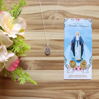 Novena Medalha Milagrosa Alumínio Prata Cordão Branco com Folheto