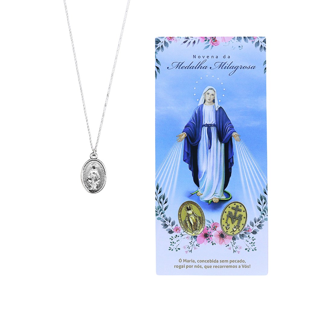 Novena Medalha Milagrosa Alumínio Prata Cordão Branco com Folheto