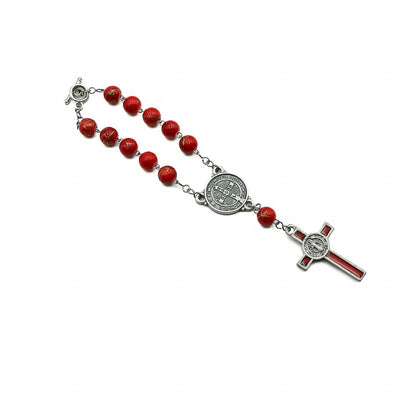 Dezena Com Fecho Mesclada 8mm Inox Vermelho Prata Velha Cruz de São Bento