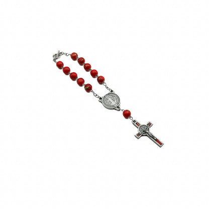 Dezena Com Fecho Mesclada 8mm Inox Vermelho Prata Velha Cruz de São Bento