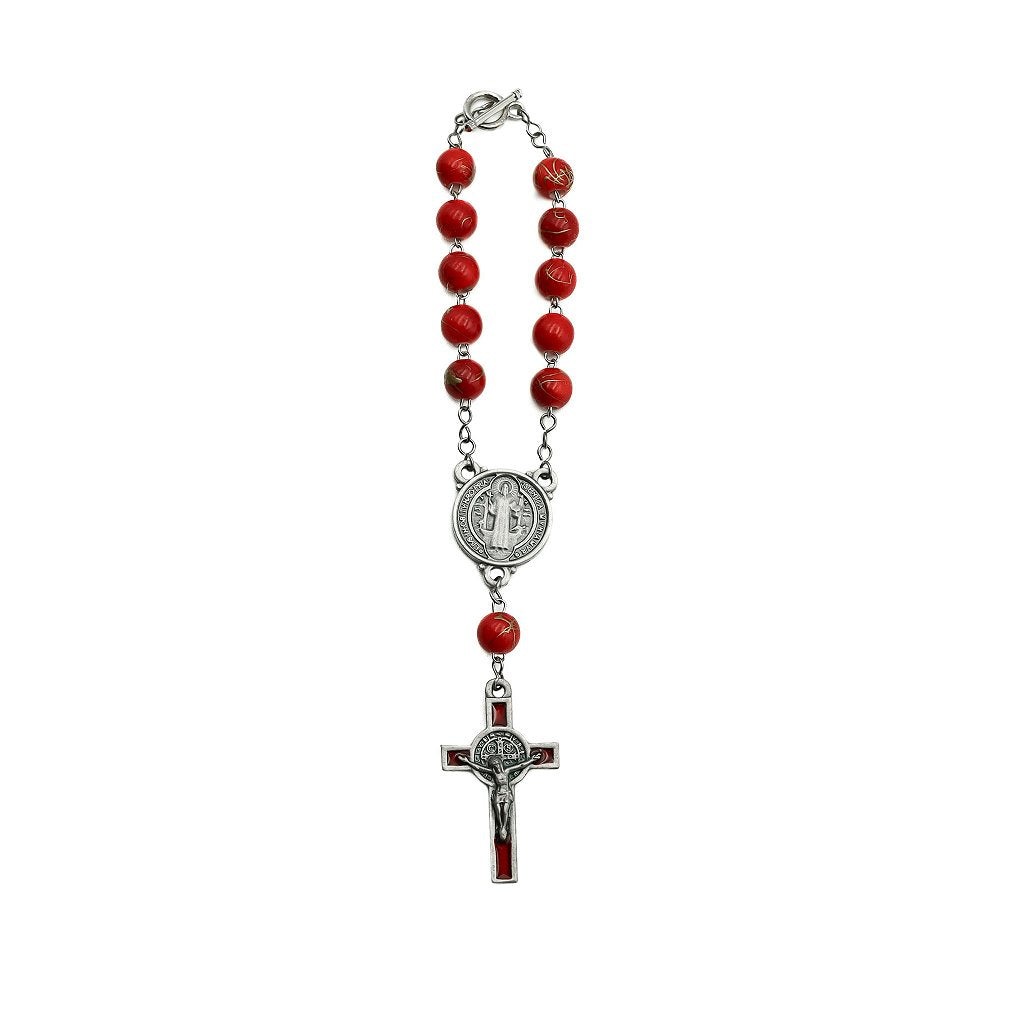 Dezena Com Fecho Mesclada 8mm Inox Vermelho Prata Velha Cruz de São Bento