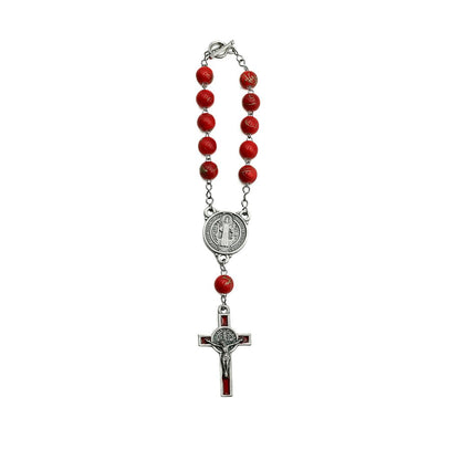 Dezena Com Fecho Mesclada 8mm Inox Vermelho Prata Velha Cruz de São Bento