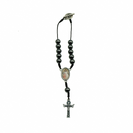 Dezena Carro Hematita 8mm no cordão - Jesus Misericordioso verso São Cristóvão