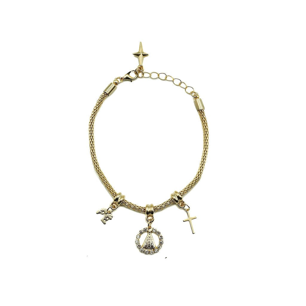 Pulseira Folheada Pedrinha Strass Brancas - Nossa Senhora Aparecida