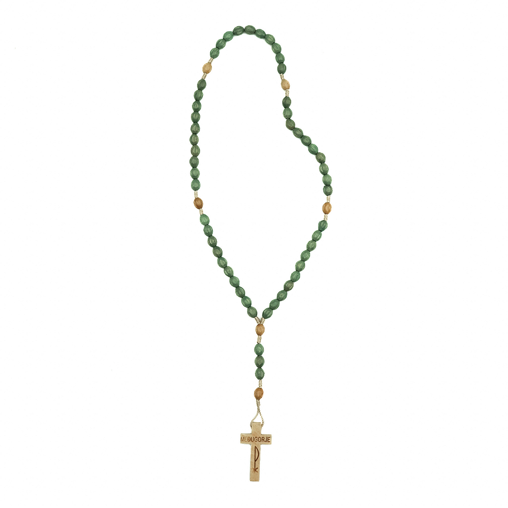 Terço madeira verde frisada Cruz de madeira clara - Medjugorje